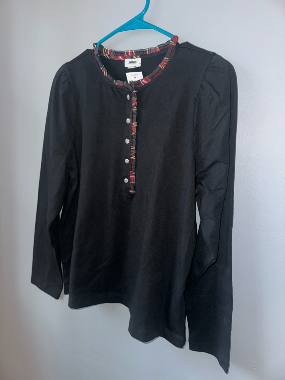 J. Crew NWT‎ Black Long-Sleeve tartan and jewels Henley women’s medium - Picture 7 of 12
